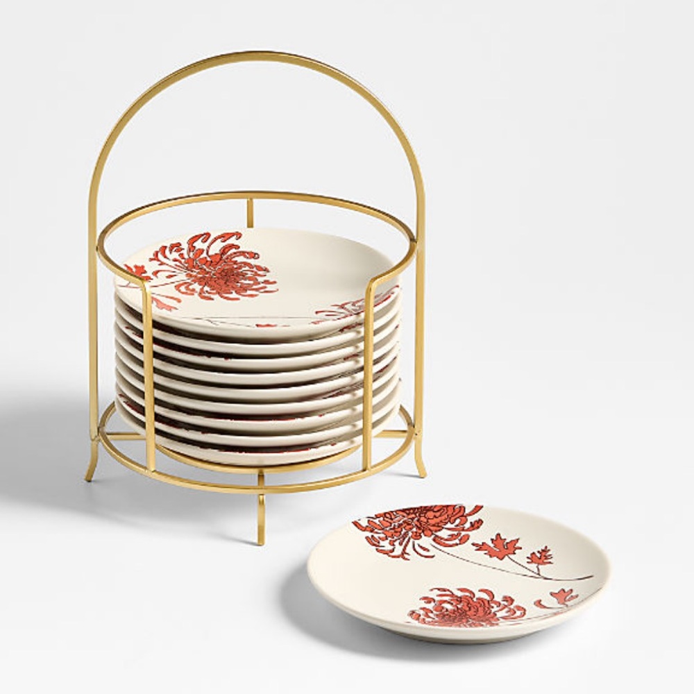 New! Crate&Barrel Red Floral Appetizer Plate Set with Gold Holder